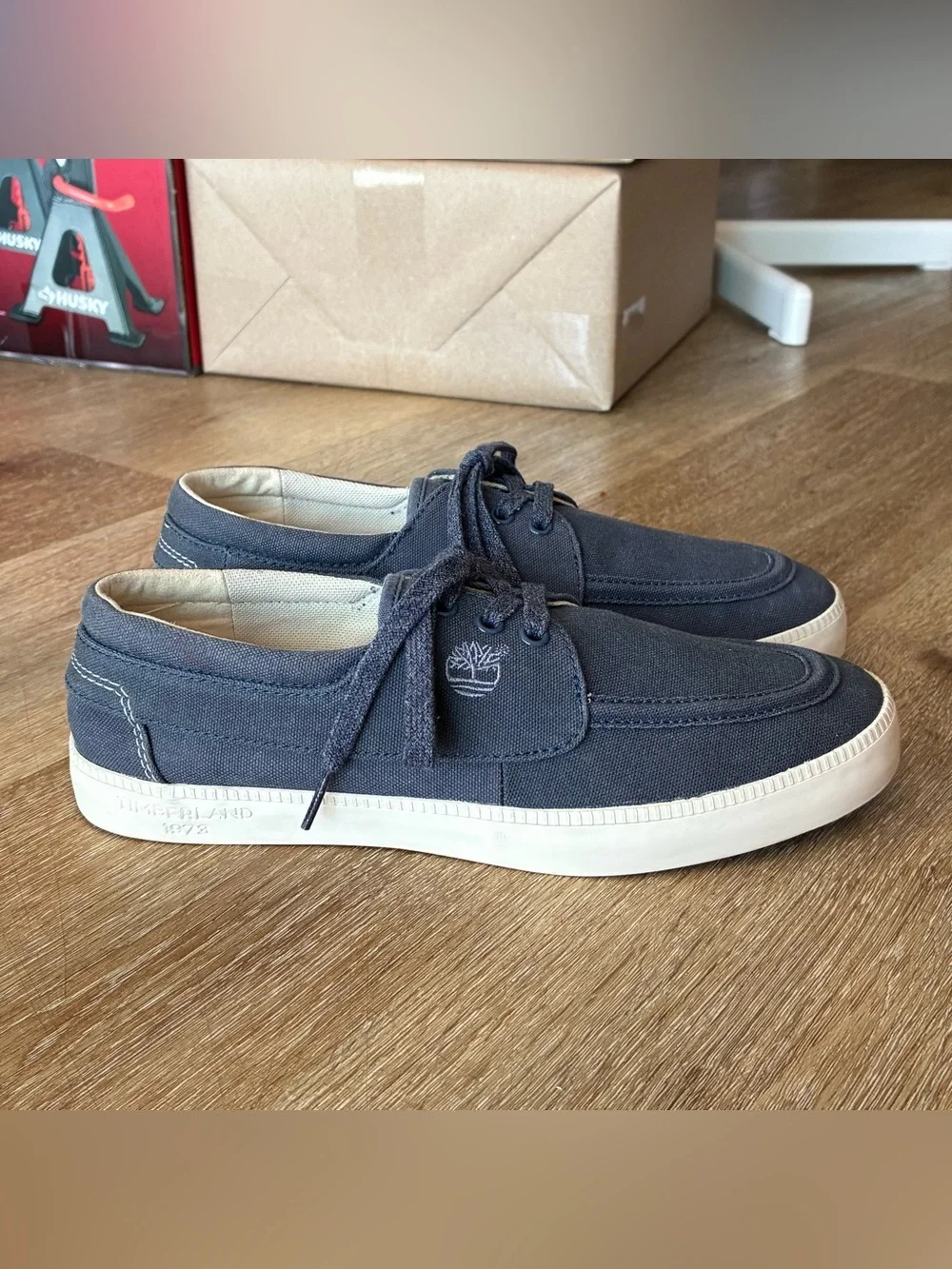 Timberland Newport Bay Navy Blue Canvas Boat Shoes Mens Shoes Size US 7.5 EU 41
